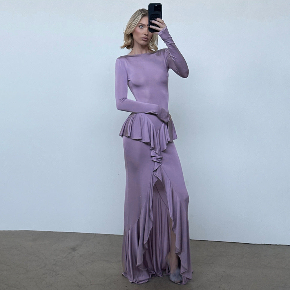 Backless Women Elegant Ruffles Slim Fit Dress