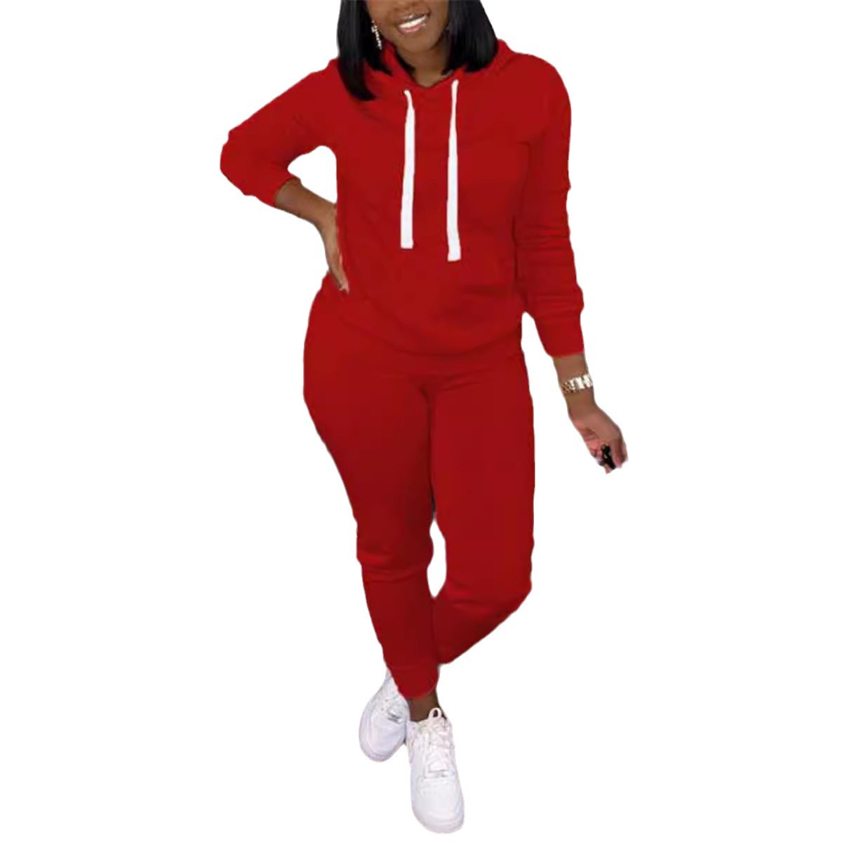 Hooded Sweater Solid Color With Fur Thickened Set Women