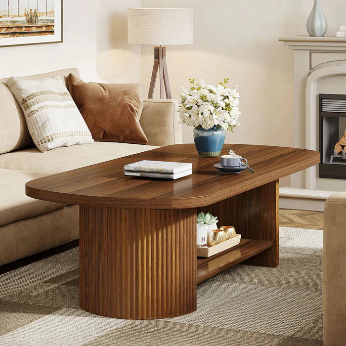 Modern Oval Walnut Coffee Table - Fluted Pedestal Base with Storage Shelf