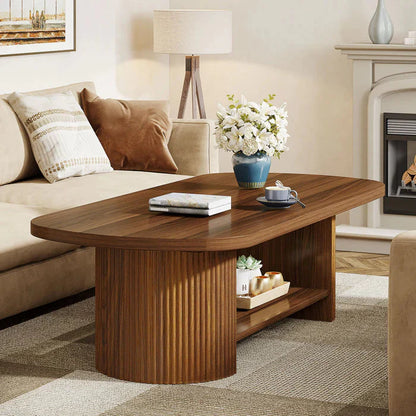 Modern Oval Walnut Coffee Table - Fluted Pedestal Base with Storage Shelf
