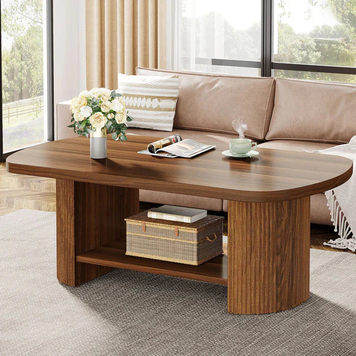 Modern Oval Walnut Coffee Table - Fluted Pedestal Base with Storage Shelf