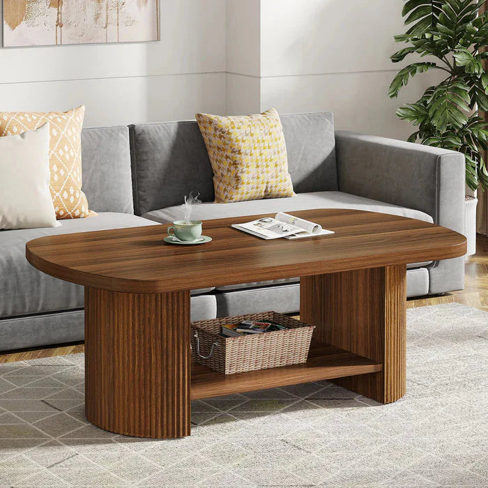Modern Oval Walnut Coffee Table - Fluted Pedestal Base with Storage Shelf