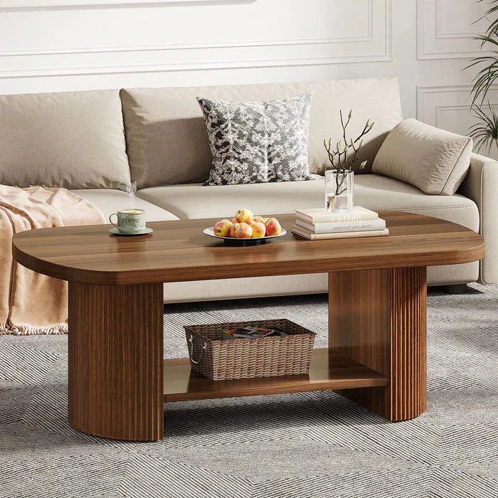 Modern Oval Walnut Coffee Table - Fluted Pedestal Base with Storage Shelf