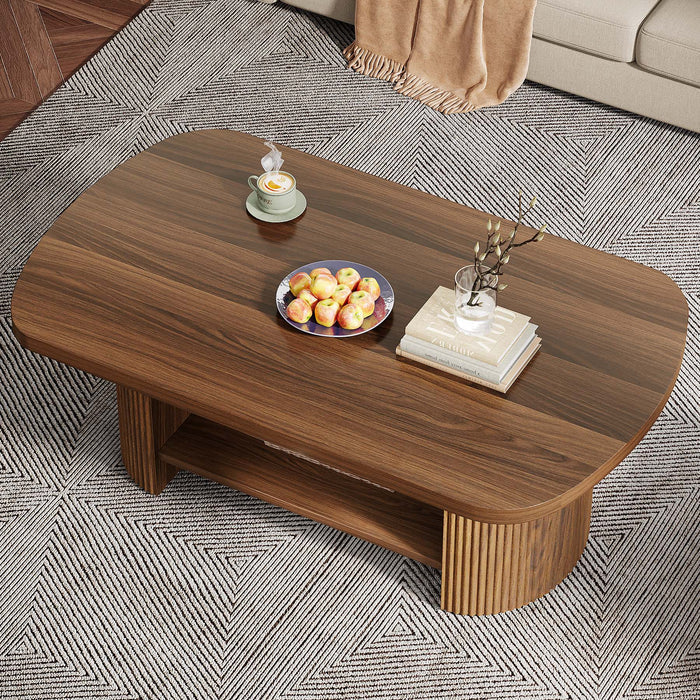 Modern Oval Walnut Coffee Table - Fluted Pedestal Base with Storage Shelf