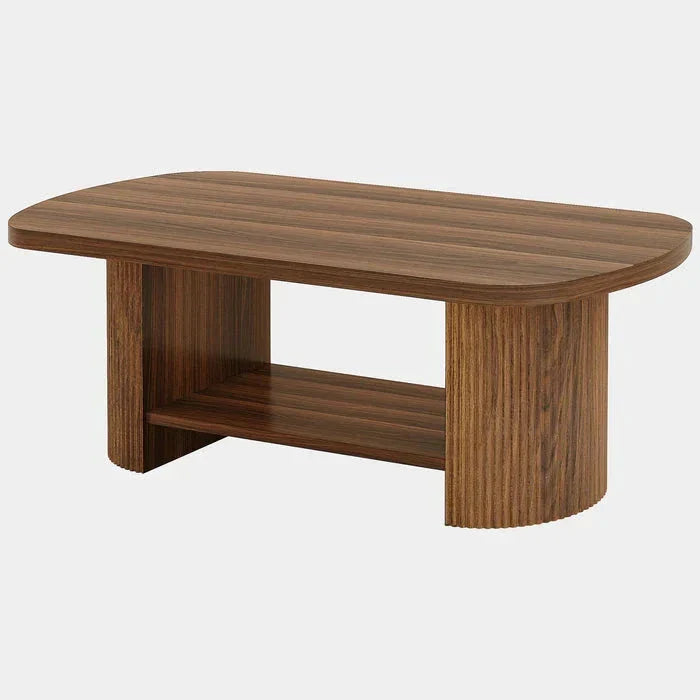 Modern Oval Walnut Coffee Table - Fluted Pedestal Base with Storage Shelf