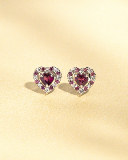 Red Heart Rhodolite Garnet Stud Earrings in Sterling Silver