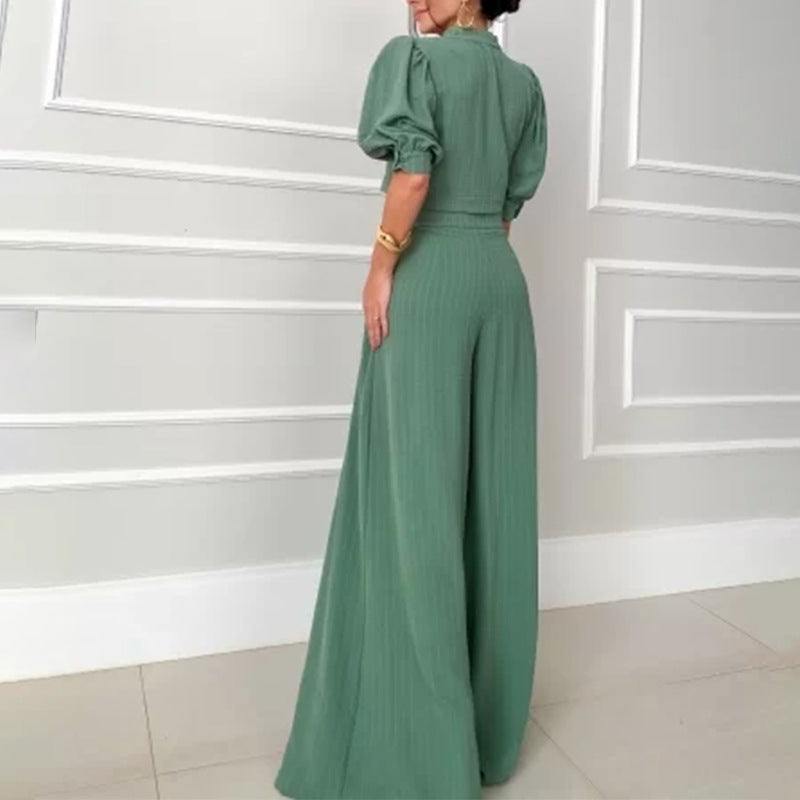 Round Neck Half Sleeve Short Vest High Waist Straight Pants Suit