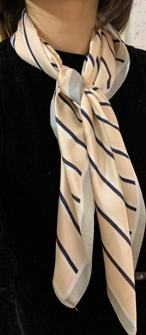 Big Square Ladies Womans Faux Silk Head Neck Thin Scarf Bag Charm - 70cm x 70cm[Black and Nude Peach Pink Stripes]