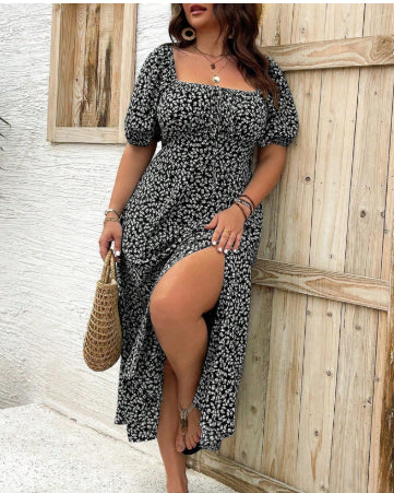 Square Collar Floral Dress Women