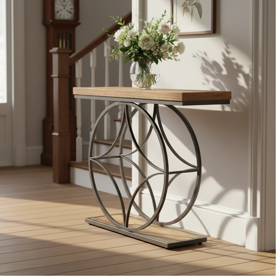 120cm Industrial Console Table - 2-Tier Sofa Table with Geometric Metal Frame