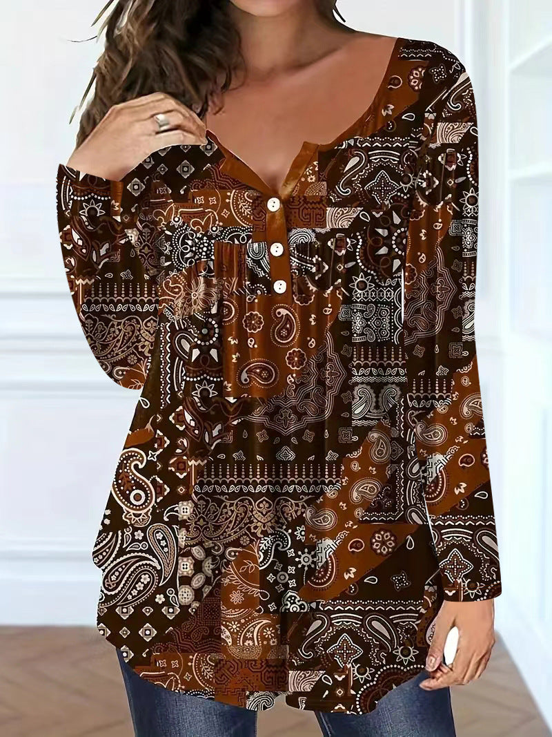 Loose-fit Buttoned V-neck Top Women's T-shirt
