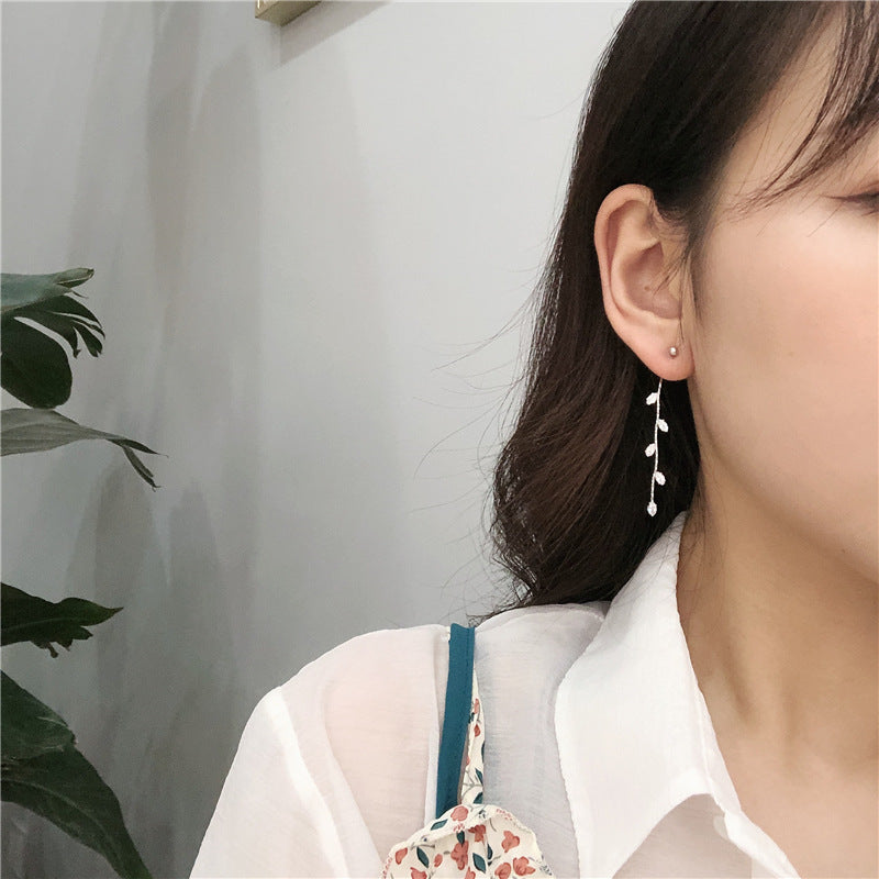 Korea Leaf Zircon Temperament All-match Long Tassel Earring