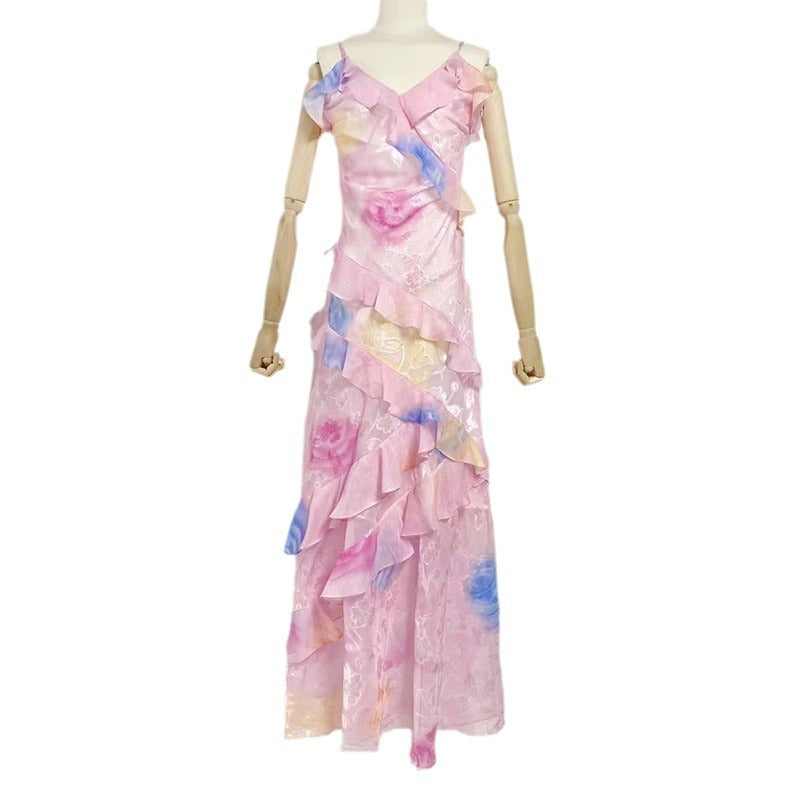 V-neck Strap Printed Backless Slim Fit Ruffled Dress