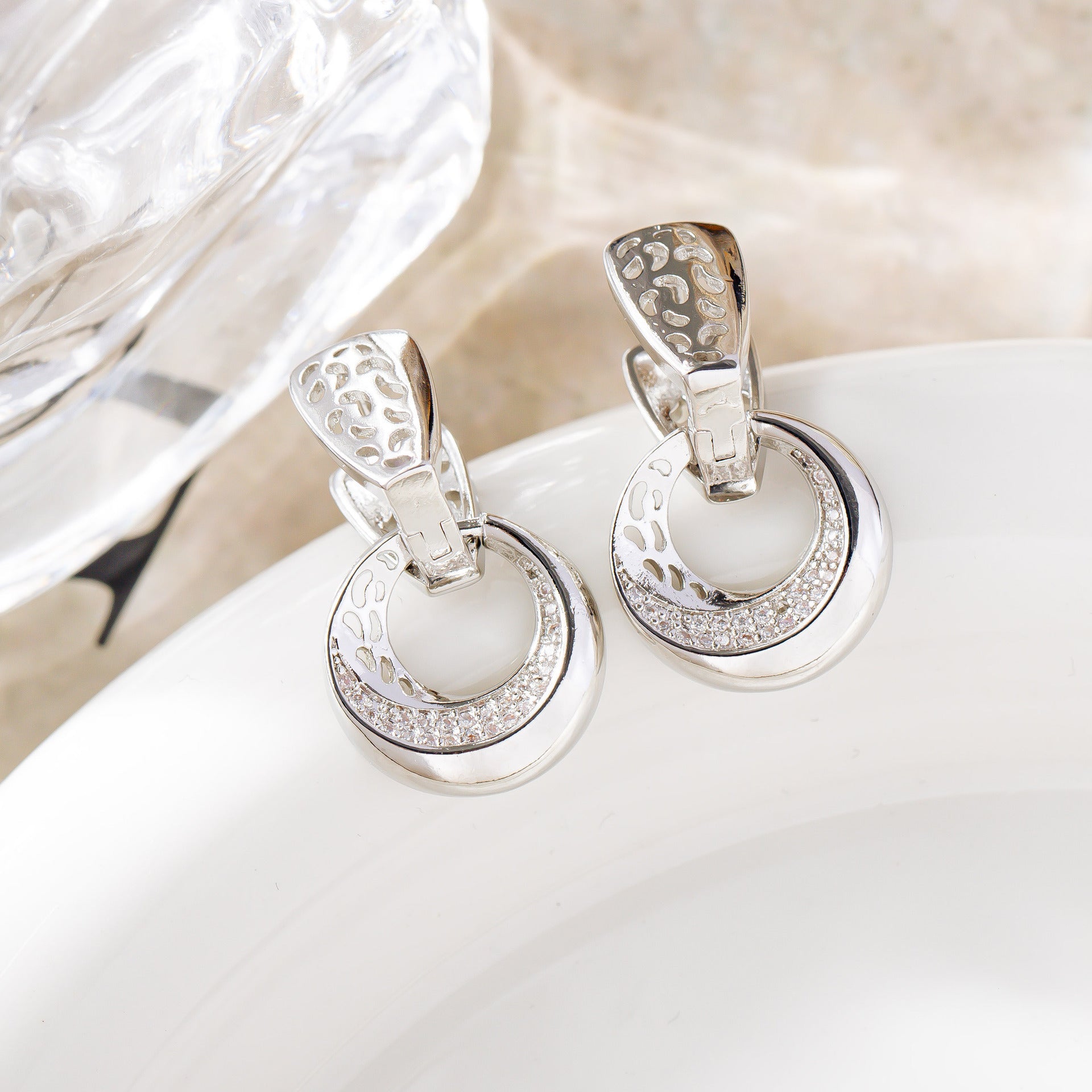 Luxury Hollow Round Moon Rose Gold Silver Color Drop Earrings For Women Micro-wax Inlay Natural Zircon Flower Bridal Wedding Daily Jewelry For Women