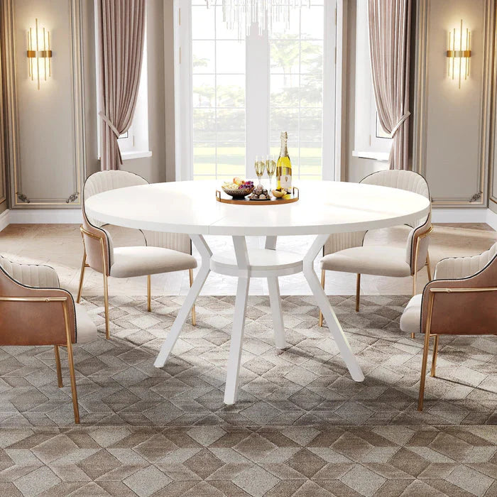 Modern White Round Dining Table - Minimalist Pedestal Base with Lower Shelf