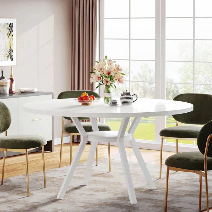 Modern White Round Dining Table - Minimalist Pedestal Base with Lower Shelf