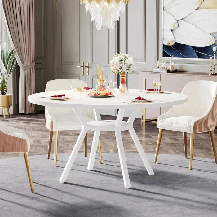 Modern White Round Dining Table - Minimalist Pedestal Base with Lower Shelf