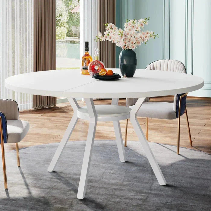 Modern White Round Dining Table - Minimalist Pedestal Base with Lower Shelf