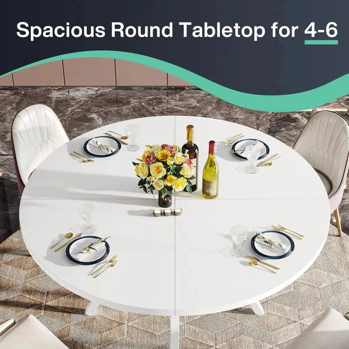 Modern White Round Dining Table - Minimalist Pedestal Base with Lower Shelf