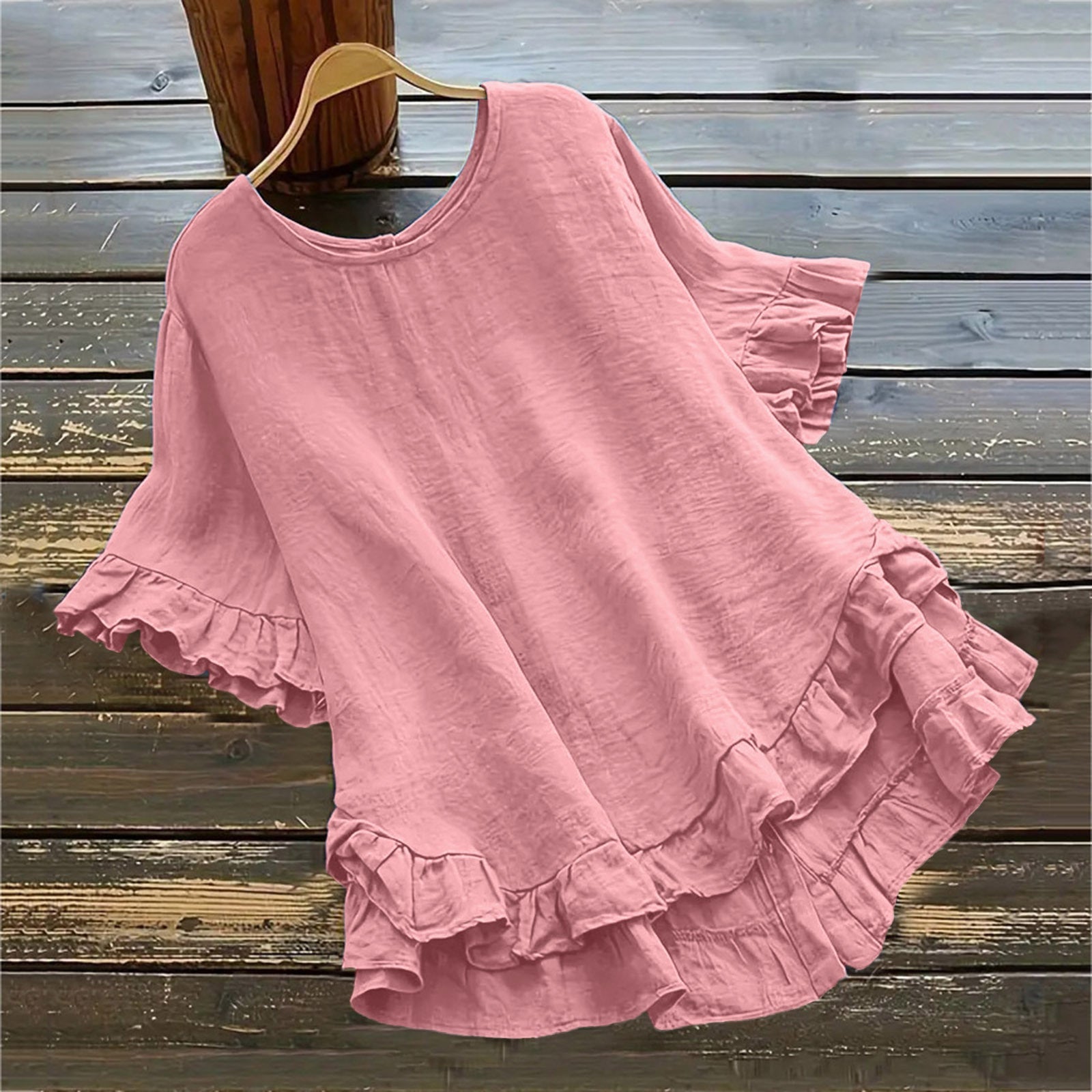 Arrival Solid-color Cotton-linen Loose-fit Round-neck Blouse With Ruffled Hem