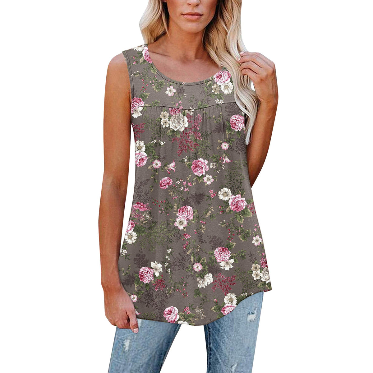 Flower Print Sleeveless Pleated Casual Loose Vest T-shirt Women's Clothing