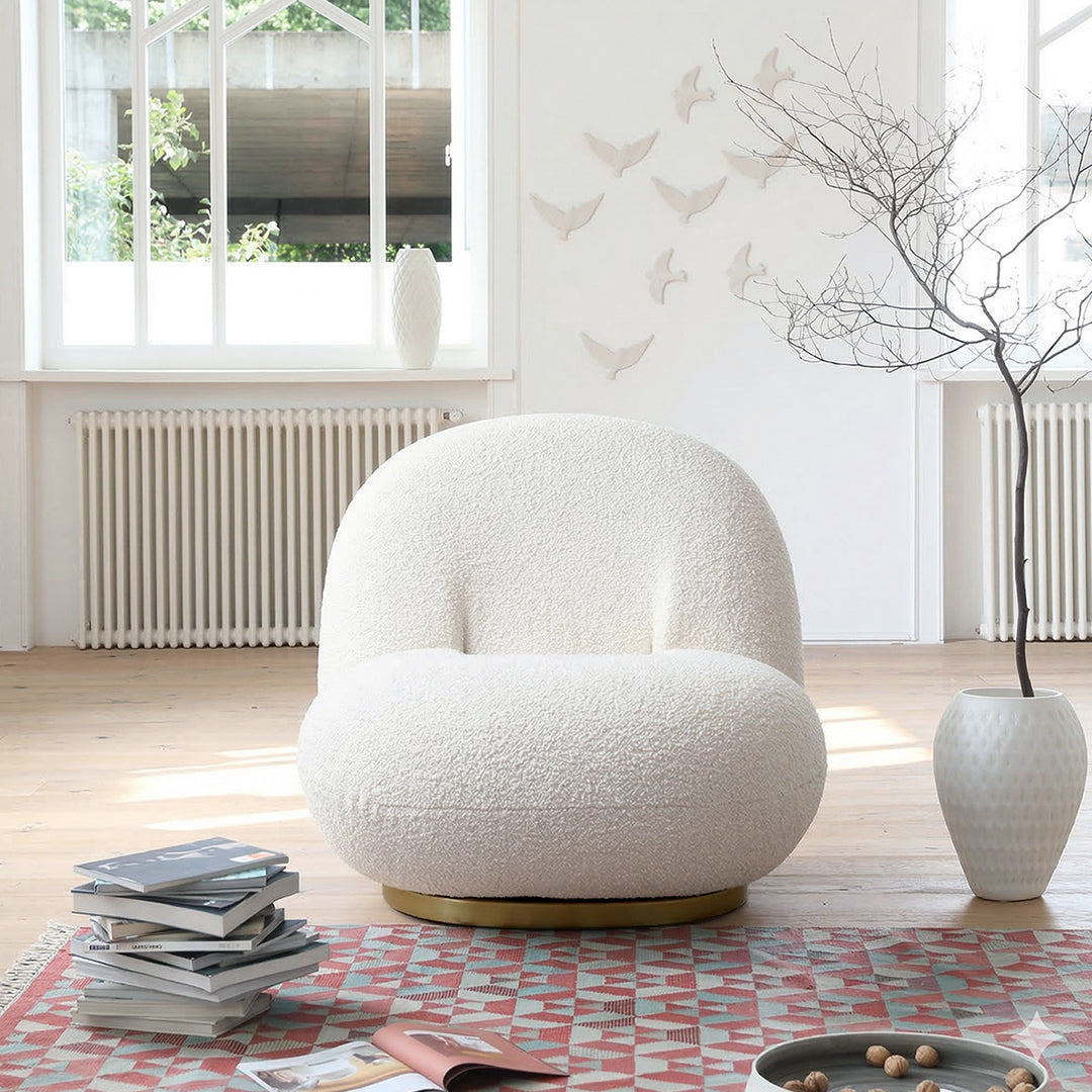 Gubi Pacha Swivel Accent Chair, Boucle With Gold Base