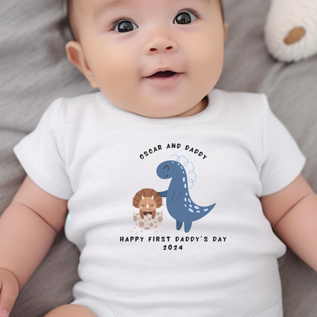 Personalised 1st Fathers Day Dinosaur Babygrow | Name Vest or Bib UK