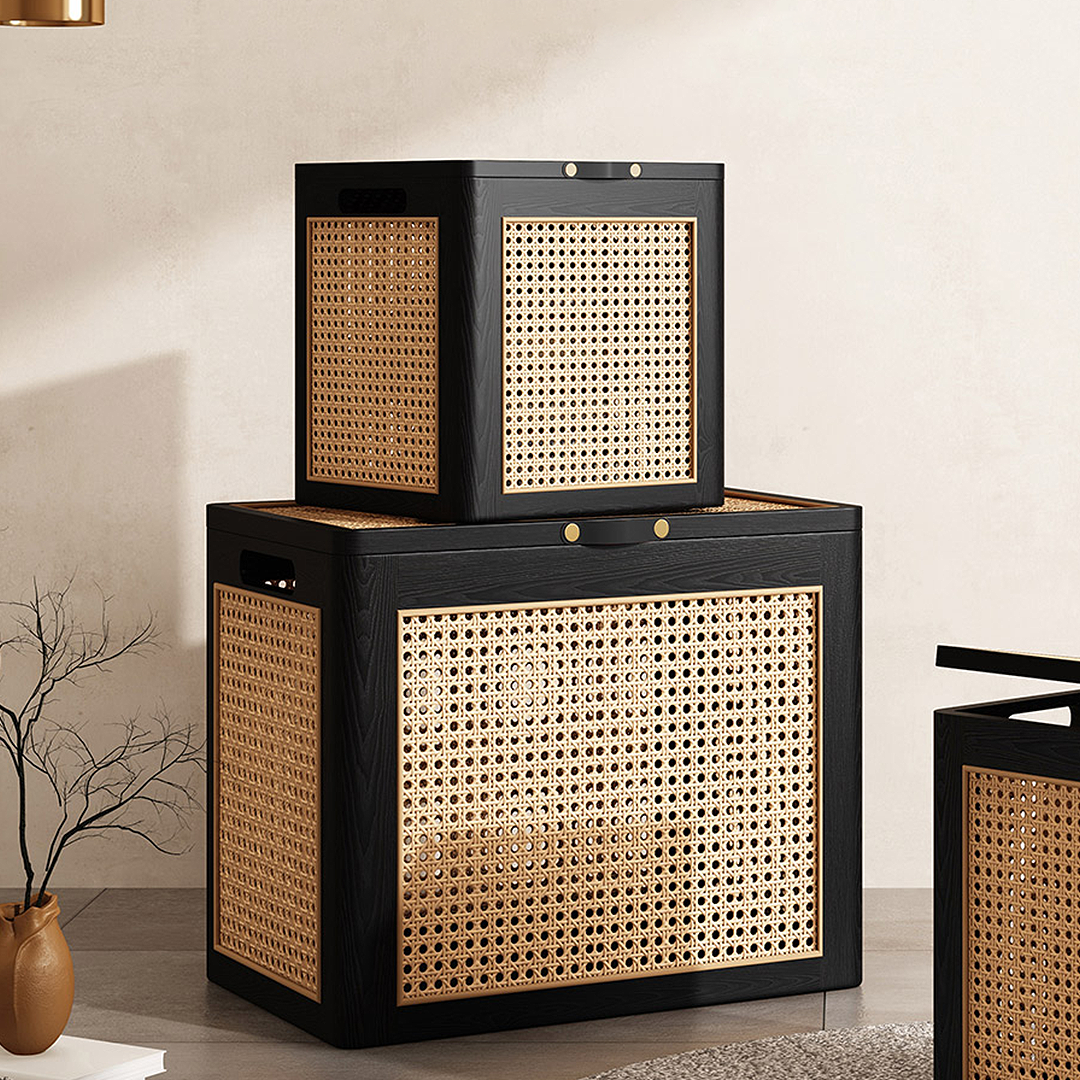 Aka Solid Wood Storage Box With Lid, Rattan Ottoman