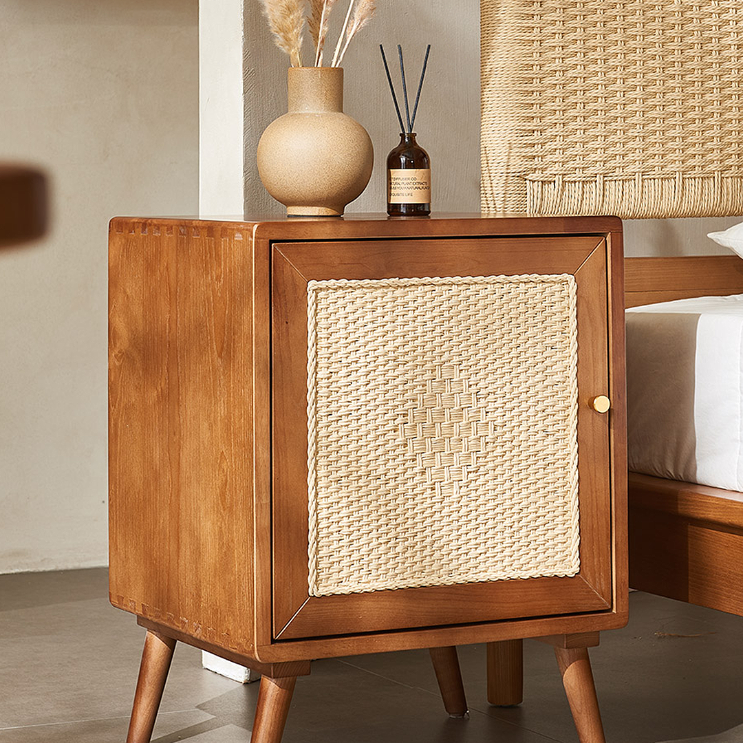 Himba Rattan Bedside Table, Solid Wood