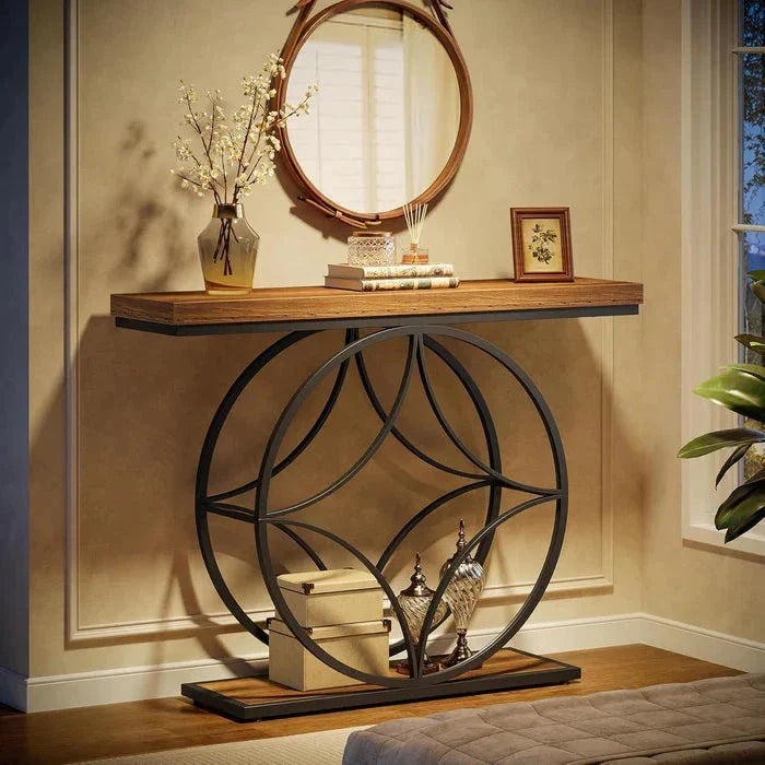 120cm Industrial Console Table - 2-Tier Sofa Table with Geometric Metal Frame