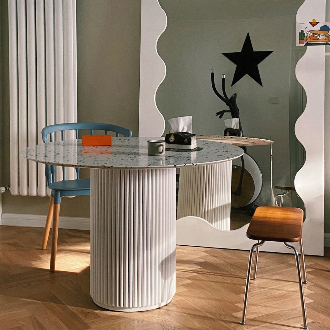 Cracky White Round Dining Table, Premium Terrazzo And Wood Base