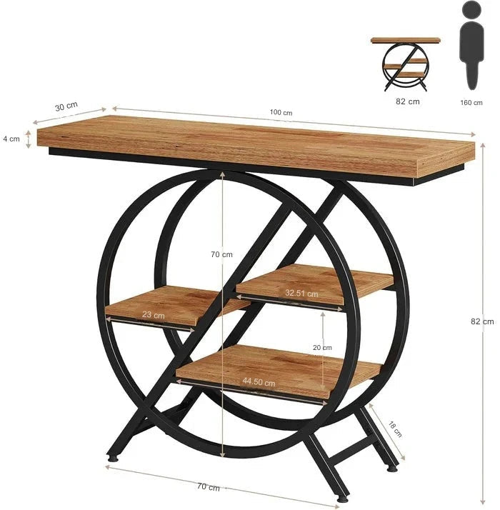 4-Tier Console Table, 100cm Entryway Table with Geometric Metal Frame