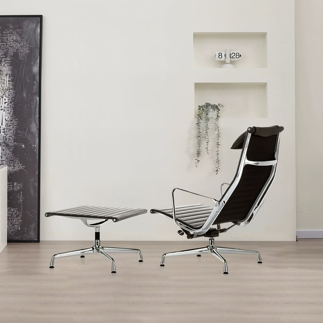 Qureshi Swivel Office Chair With Footstool, Black Leather