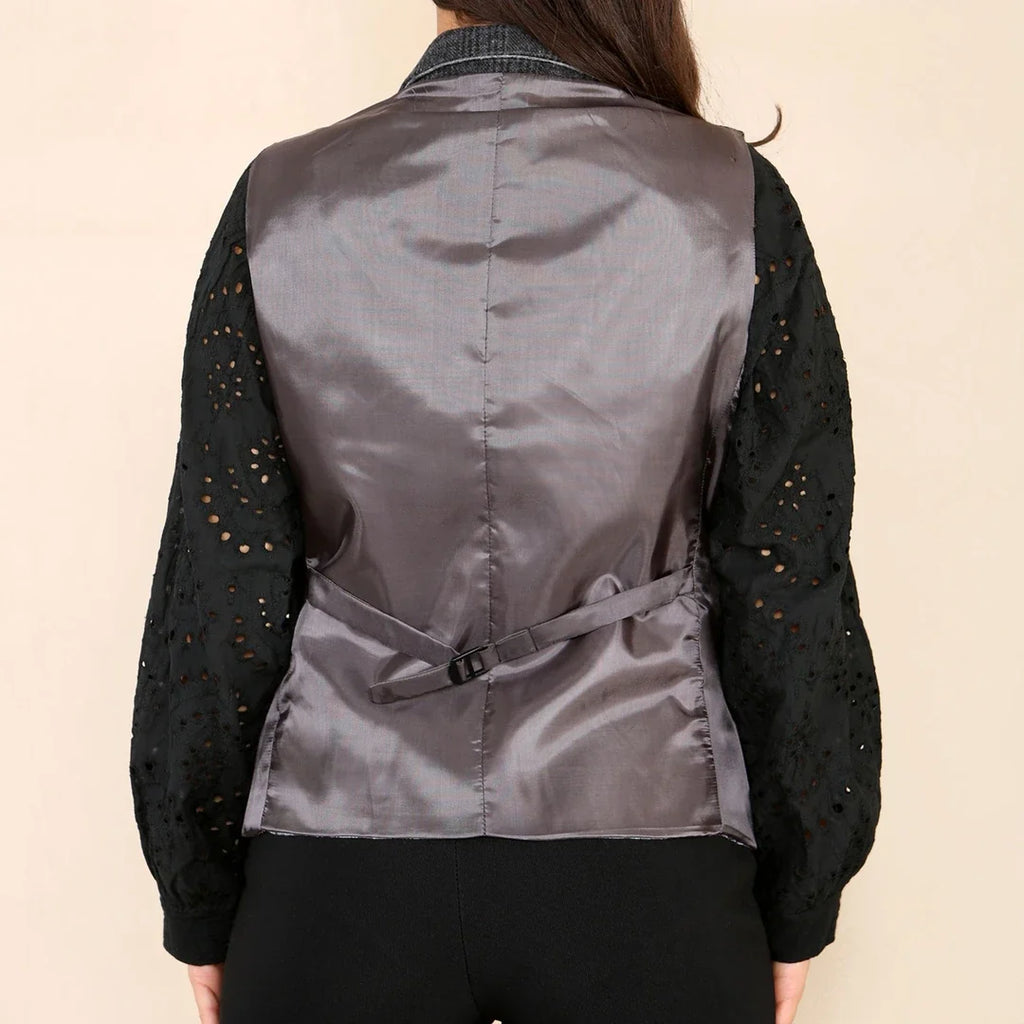 Women's Tweed Check Waistcoat Blazer Grey Suit