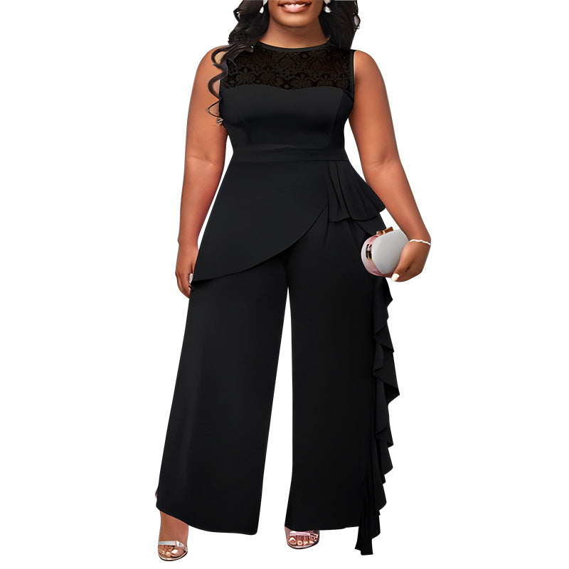 Solid-color Elegant Patchwork Loose-fitting Straight-leg Jumpsuit
