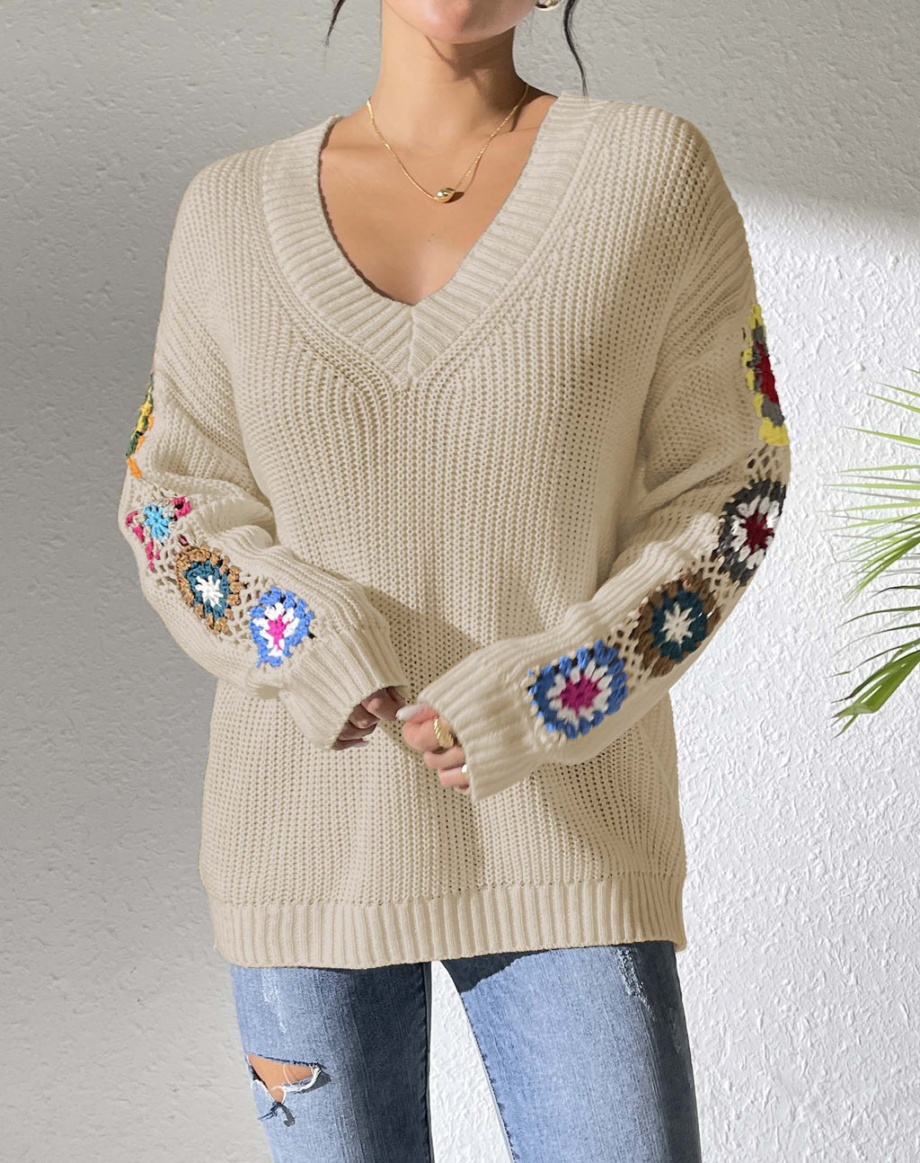 Autumn And Winter Crochet Stitching V-neck Pullover Sweater