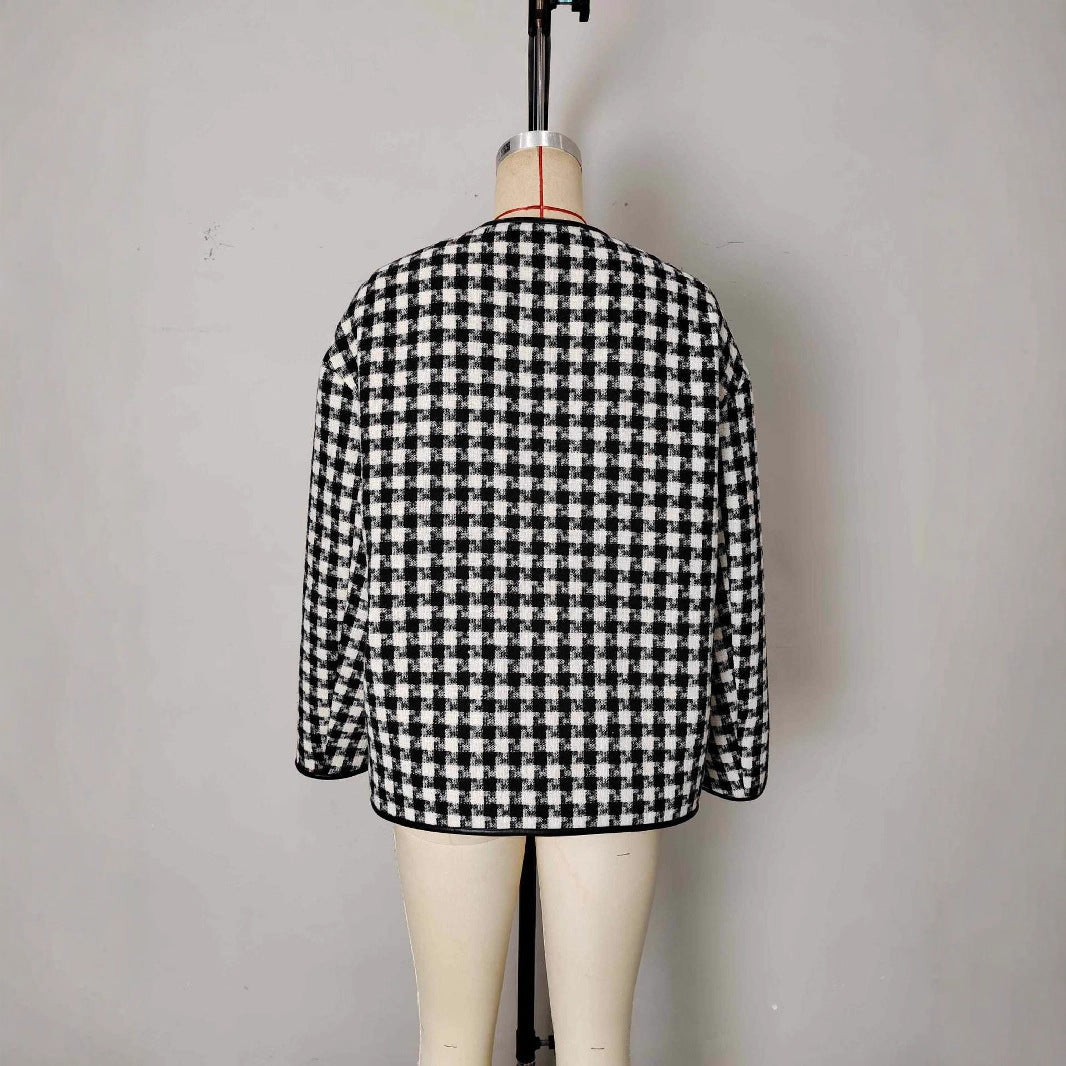Metal Buckle Decorative Round Neck Hemming Shorts Jacket