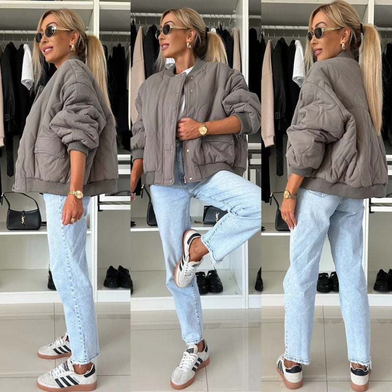 Winter Stitched Jacket Chic Fashion Casual Buckle Coat Women's Solid Color Long Sleeved Top Outwear Clothing