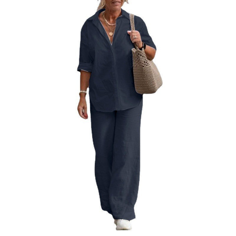 Lapel-collar Long-sleeve Shirt Casual Solid-color Pants Wide-leg Set