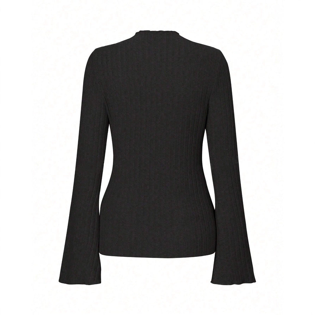 Long Sleeve Round Neck Brushed Sunken Stripe Solid Color Slim Fit Top