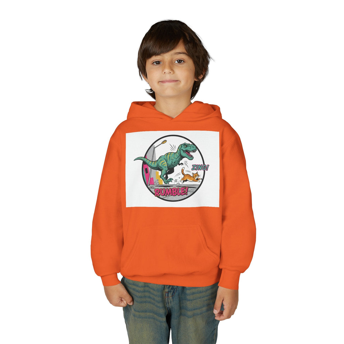 T-Rex Chase Dino Rumble Youth Hoodie | Dinosaur Graphic Sweatshirt