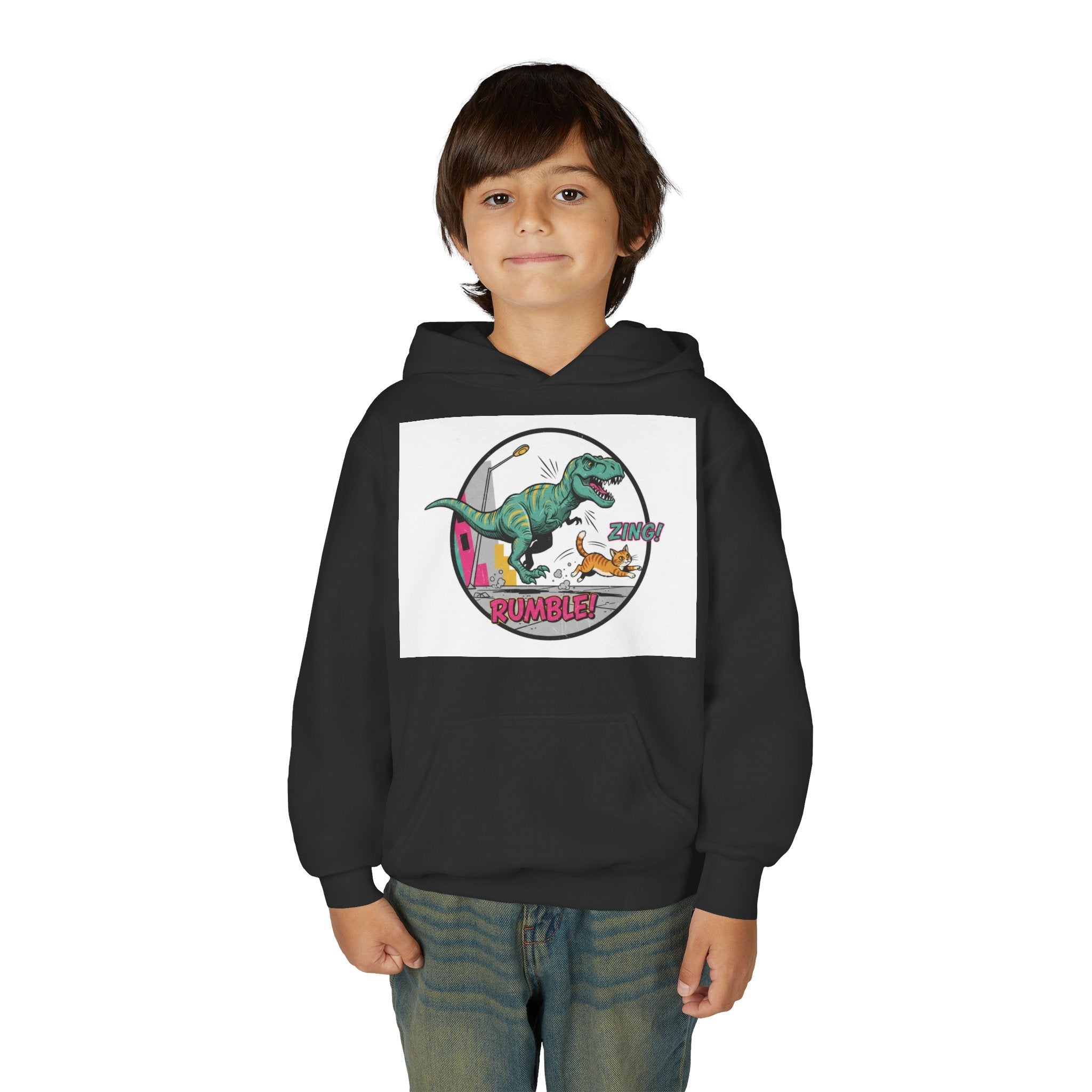 T-Rex Chase Dino Rumble Youth Hoodie | Dinosaur Graphic Sweatshirt