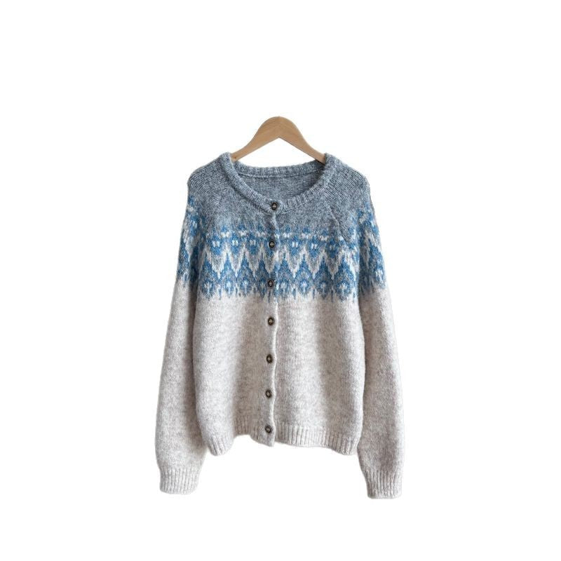 Contrast Color Jacquard Thickened Sweater Coat Women