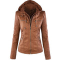 Fashion Detachable Hooded Jacket With Pockets Casual Solid Color Zipper Long Sleeve Leather Coat Autumn Winter Women's Clothing