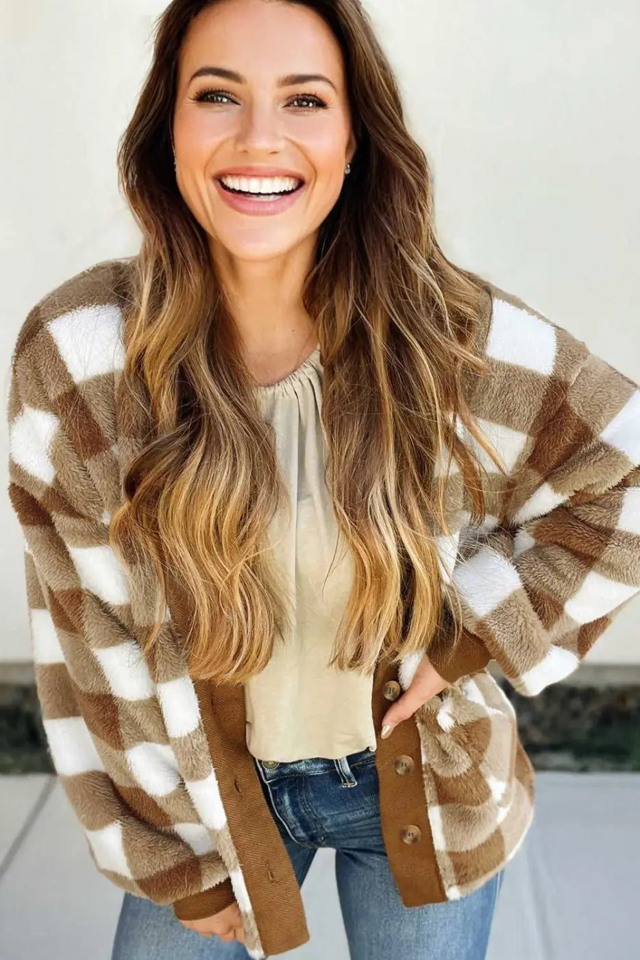 Brown Gingham Check Sherpa Cardigan V-Neck Button Down Banded Hem