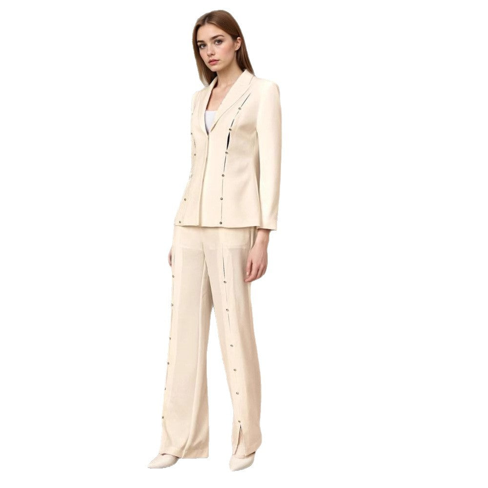 Metal Decorative Strip Embellished Design Trousers Slim Fit Long-sleeve Suit