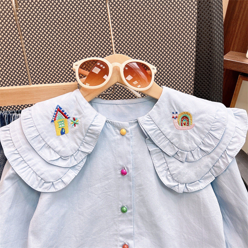 Cute Embroidered Collar Shirt And Denim Jeans Two-Piece Set For Girls