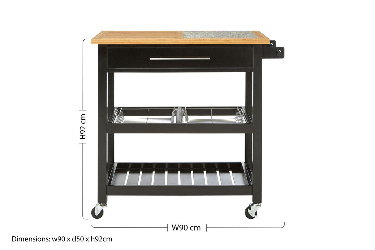 Black Kitchen Trolley with Granite Chopping Surface, Harlow Glenn