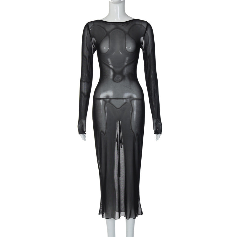 Backless Drawstring Patchwork Close-fitting Long-sleeved Dress