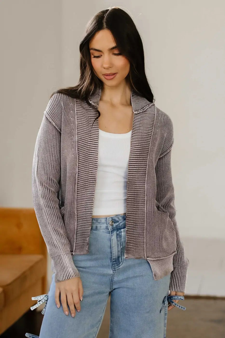 Stonewash Patchwork Knit Open Cardigan Women UK